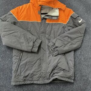 Nike Jacket Mens Large Orange Gray Hooded Full Zip Insulated Swoosh Logo Coat
